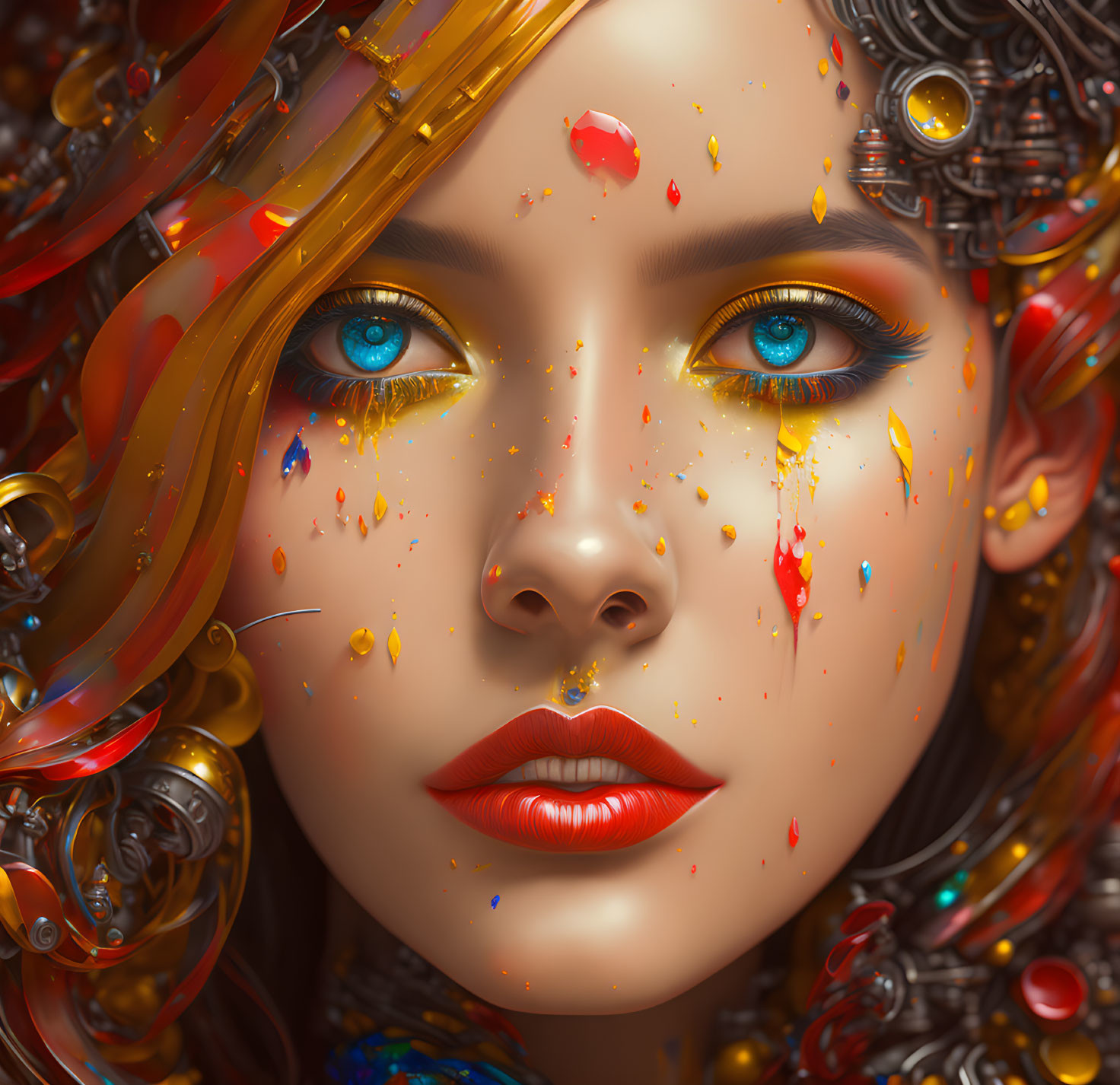 Vivid digital portrait of a woman with blue eyes and vibrant paint splatters