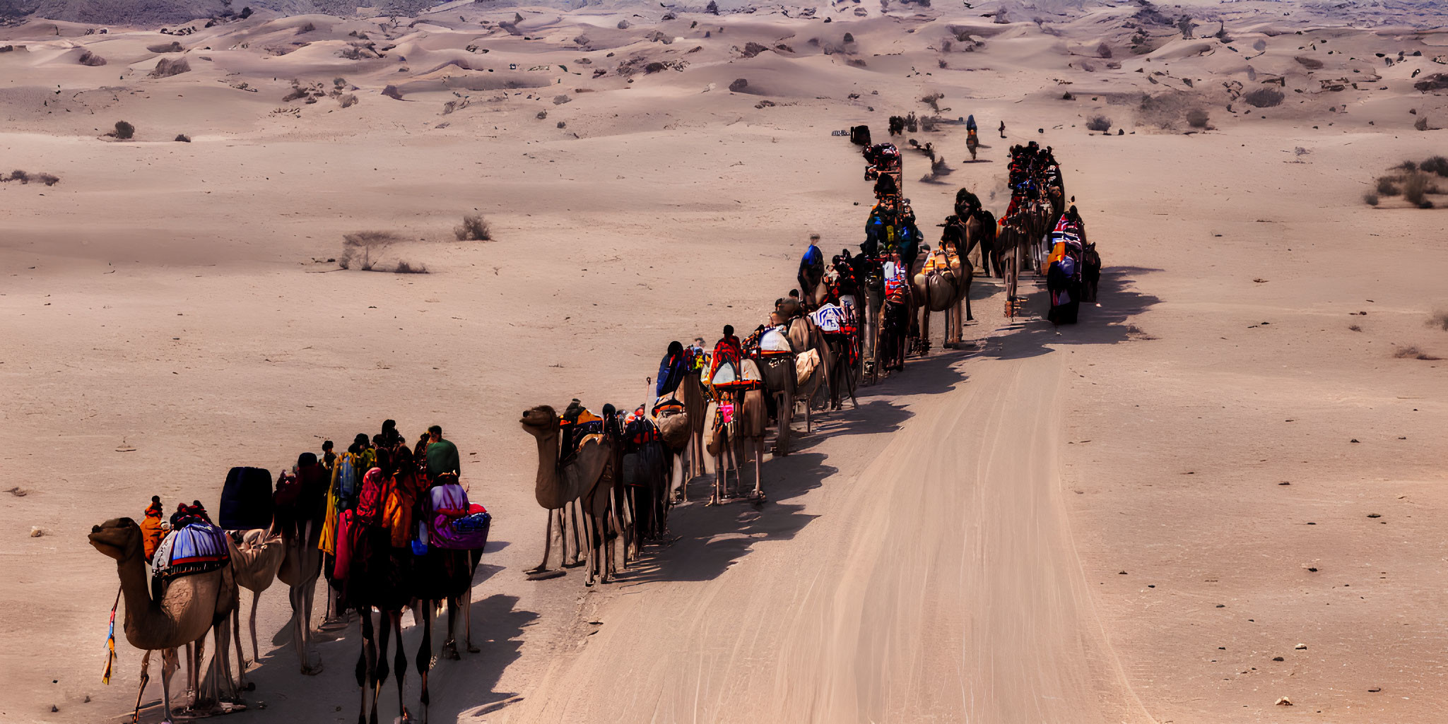 Camel caravan with riders crossing sandy desert trail