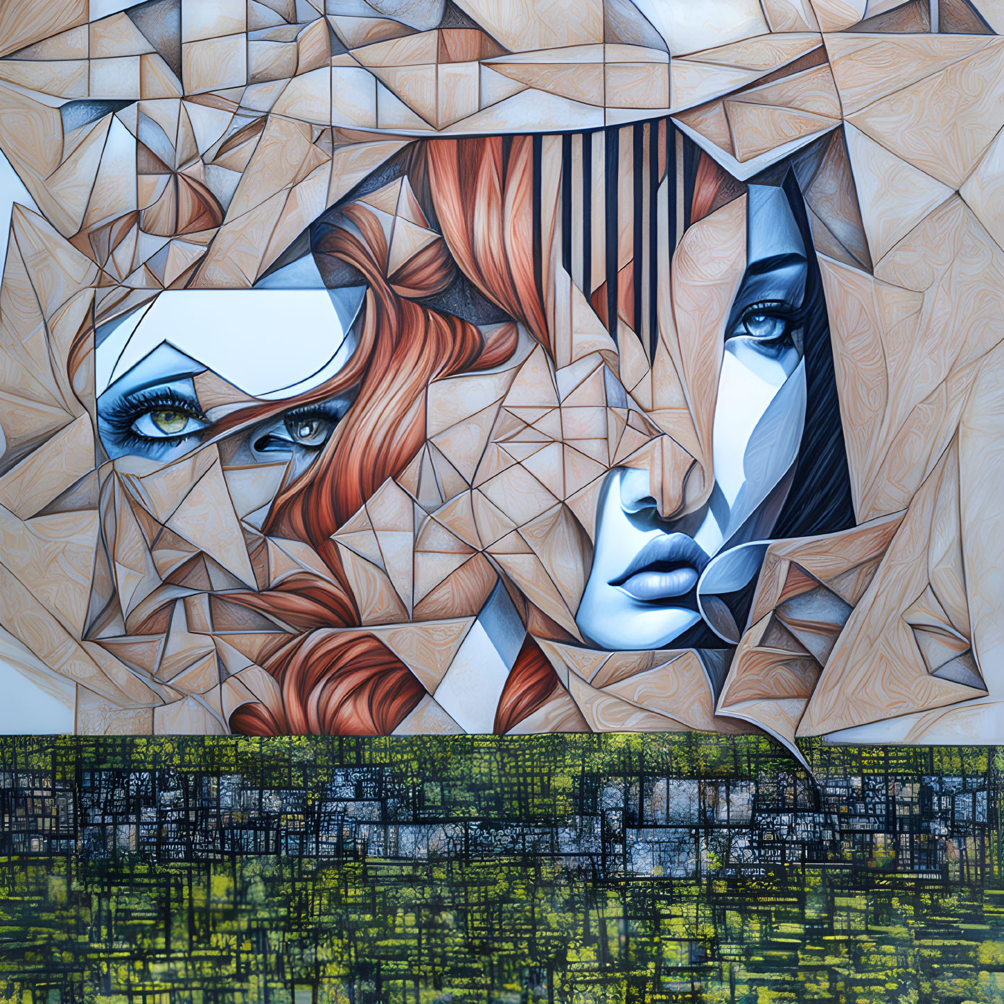 Geometric mural featuring two women with contrasting hair colors on textured green and black backdrop