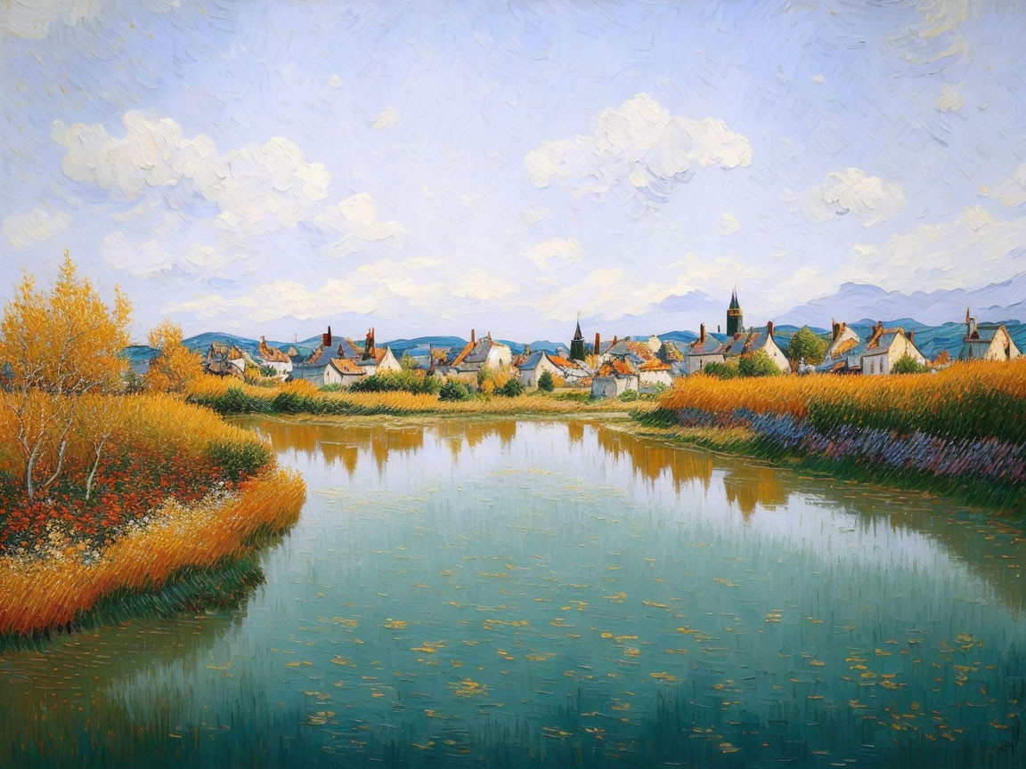 Impressionist-style painting of a serene village by a river