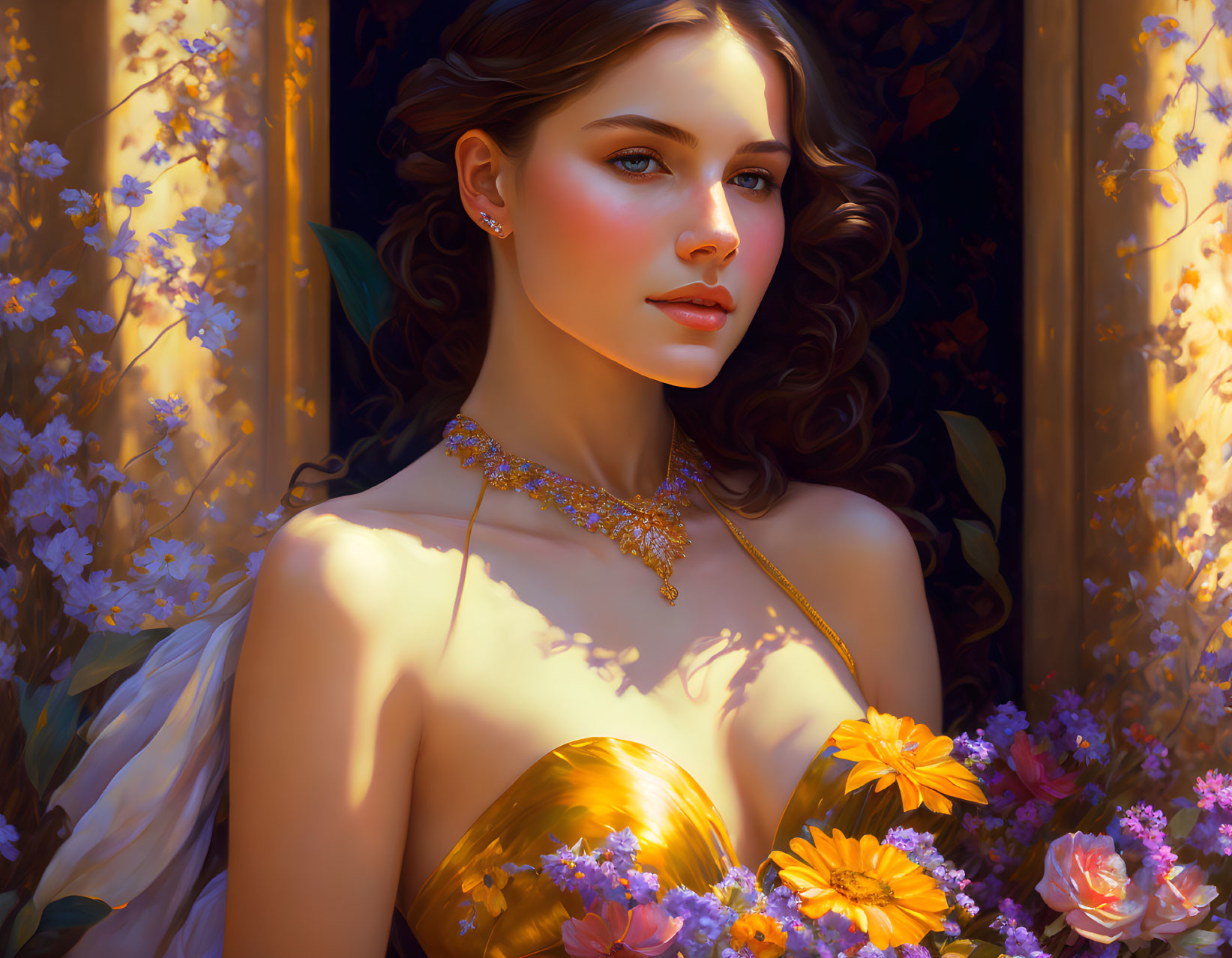 Digital artwork portrait of woman with brown hair and golden jewelry in golden sunlight and purple blooms.