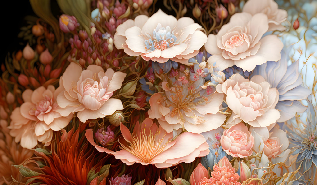 Vibrant floral illustration with cream, pink, orange, and blue petals