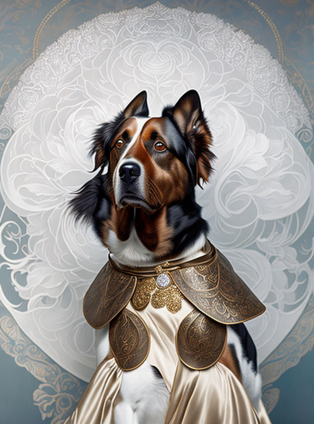 Regal dog portrait with golden collar and cape on ornate background