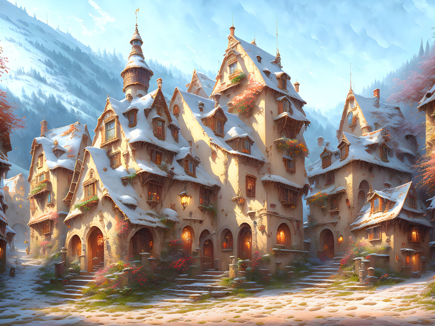 Snowy village with cottages, stone tower, and alpine mountains in warm golden light