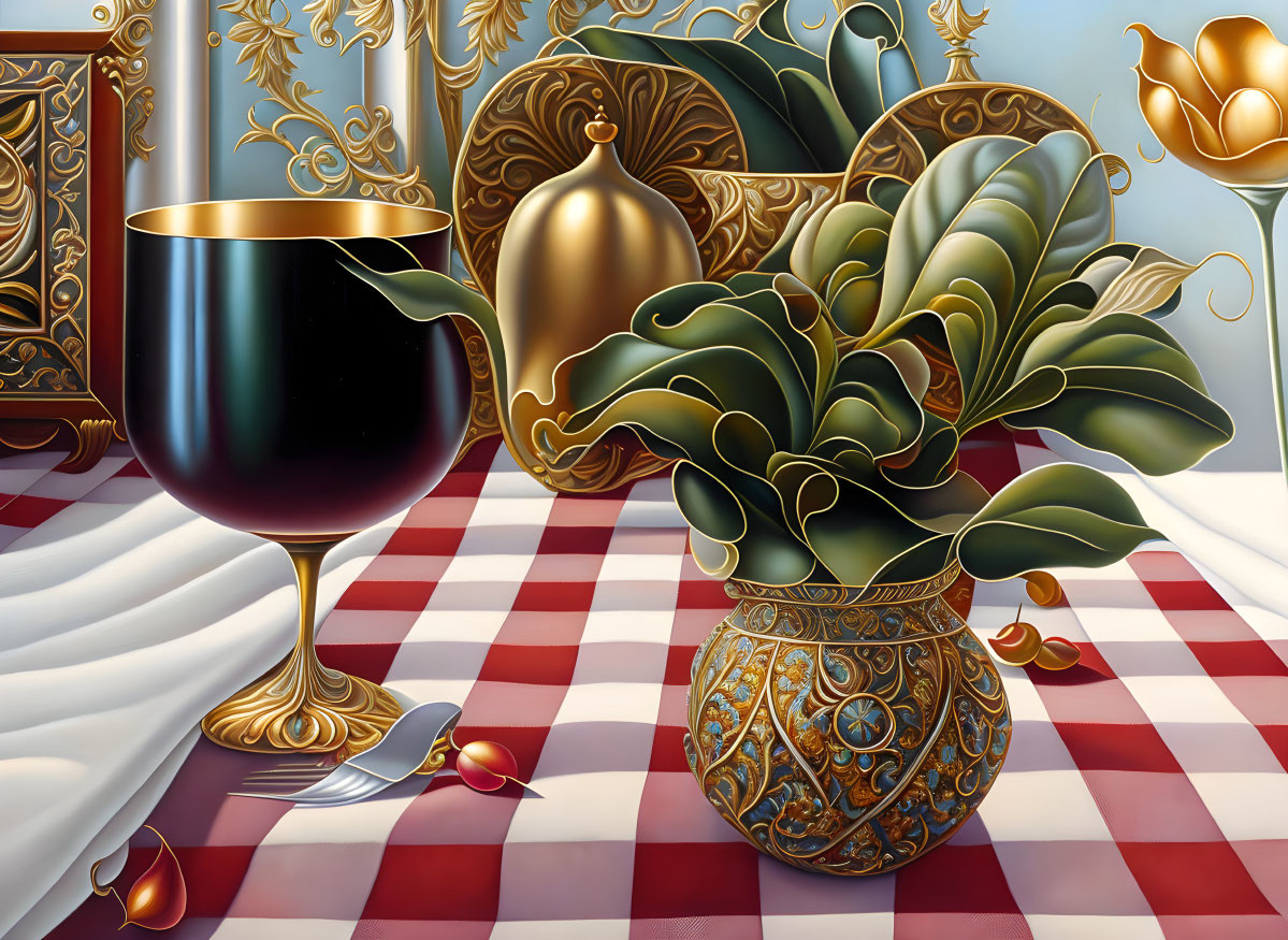 Luxurious Still Life Painting with Red and White Tablecloth and Golden Goblet