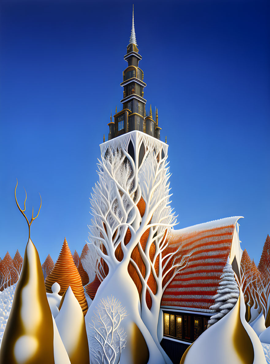 Whimsical winter landscape with spire-topped structure in white tree landscape