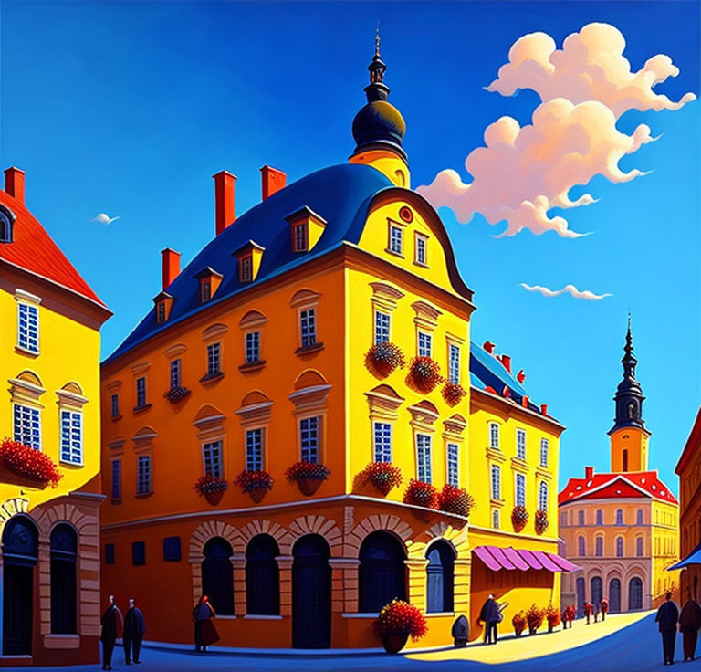 Colorful street scene with ornate orange building and blue sky