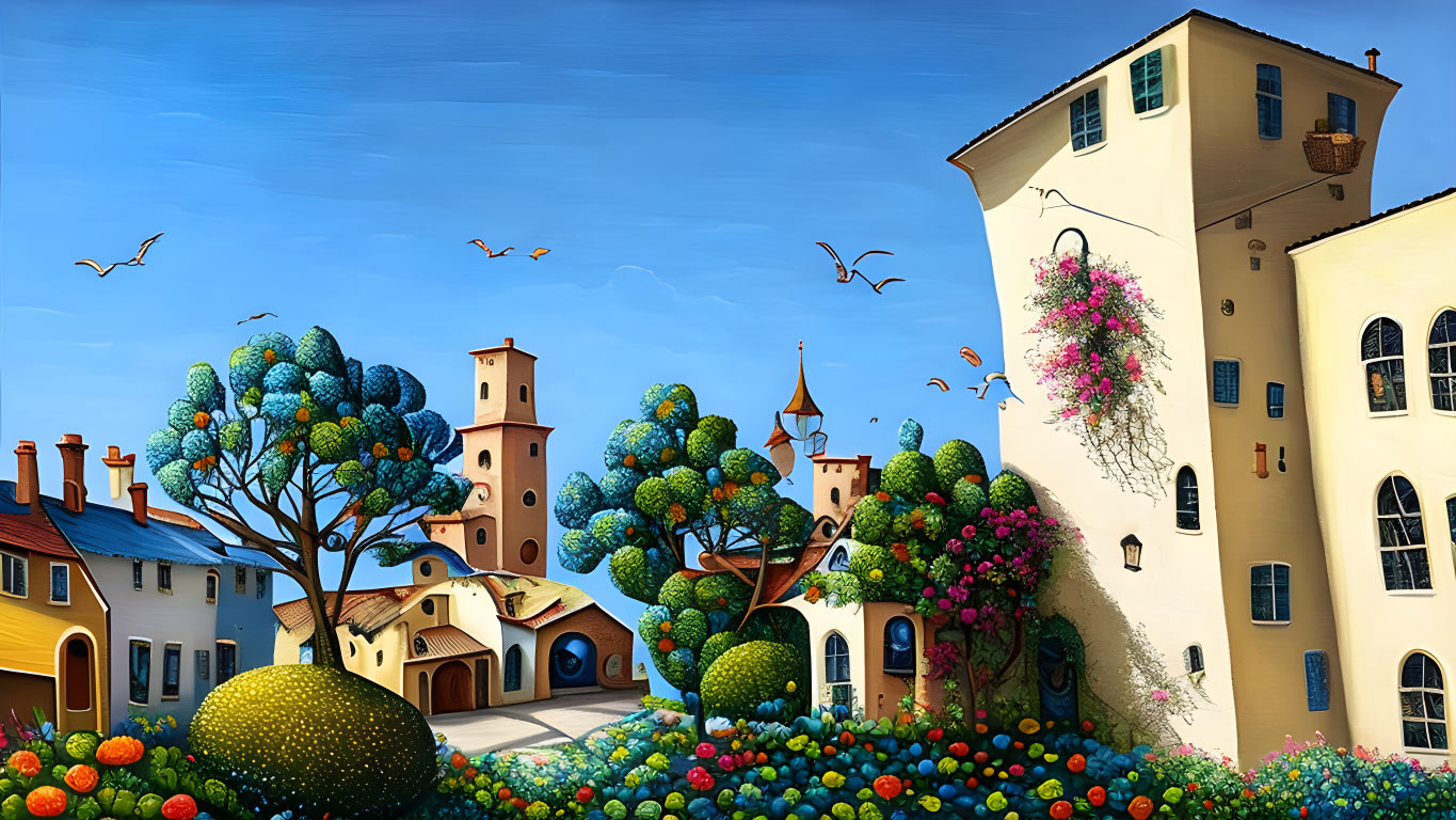 Colorful Village Painting with Round Trees and Stylized Buildings