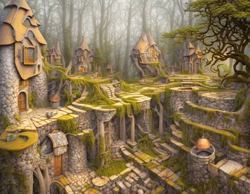 Enchanting Forest Village: Stone Houses, Mossy Pathways, Twisted Trees