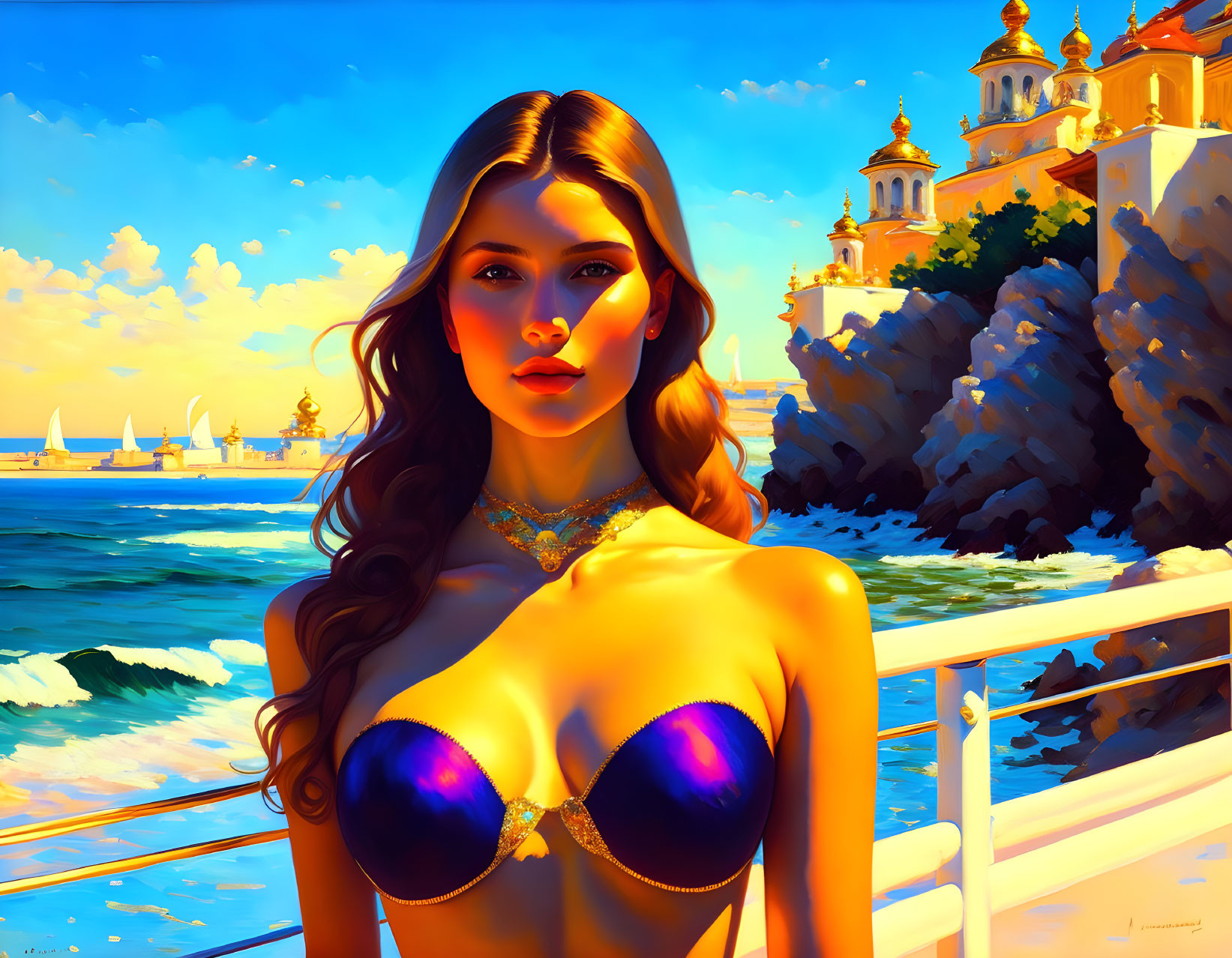 Digital artwork of woman in blue bikini against vibrant seascape