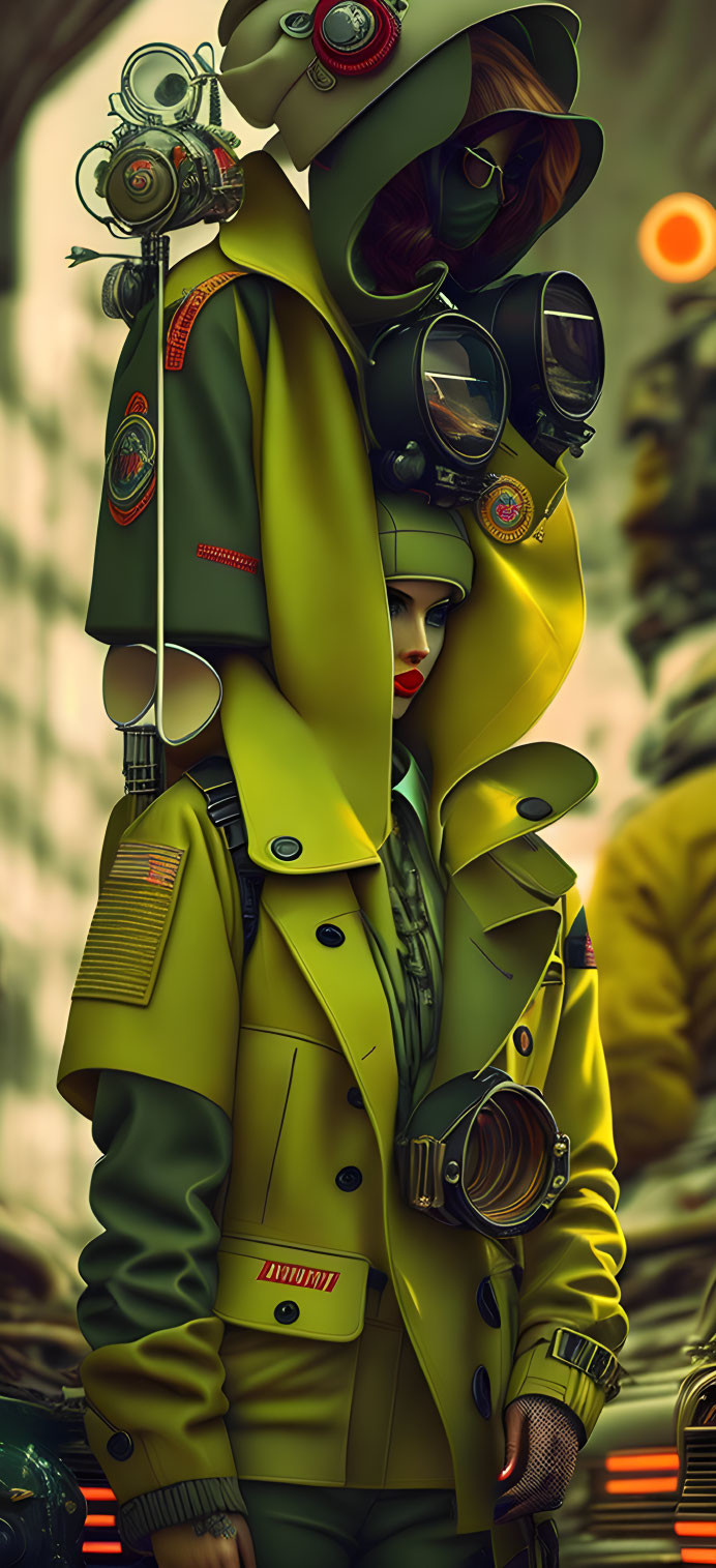 Stylized female character in green trench coat with patches, headset, and goggles in steampunk