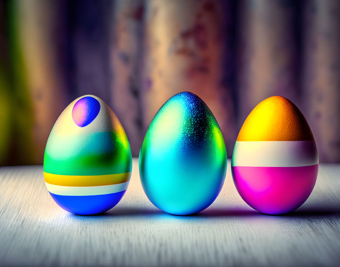 Vibrant Easter eggs with stripes and gradients on wooden background