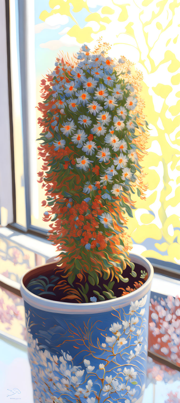 Colorful flowering cactus in blue pot with sunlight patterns.