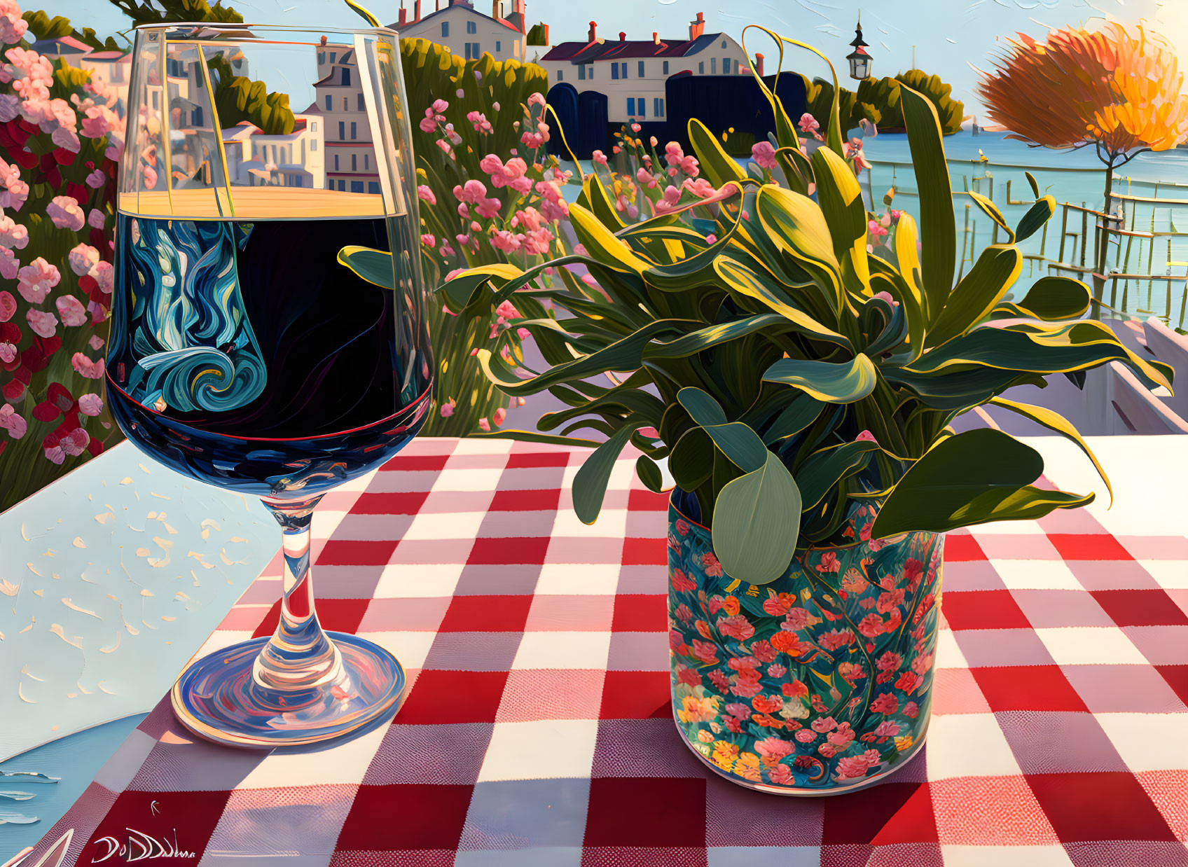 Colorful painting: Red wine glass, plant, coastal village view