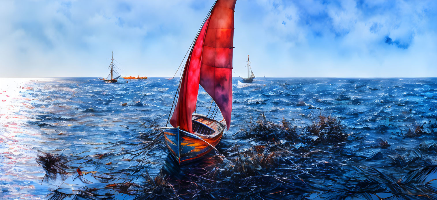 Colorful boat with red sail on choppy sea under blue sky with distant ships