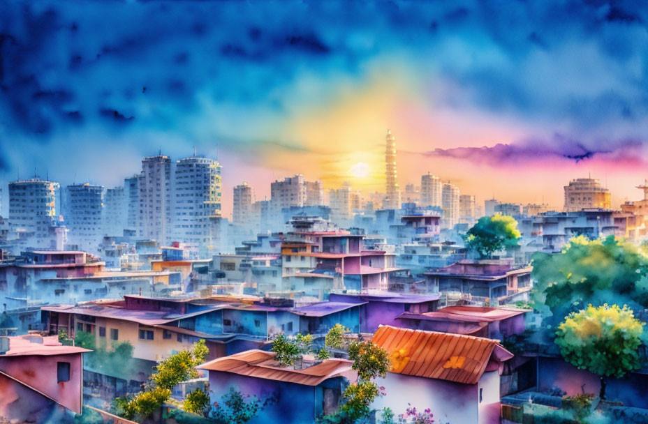 Colorful cityscape sunset with blurred birds in sky