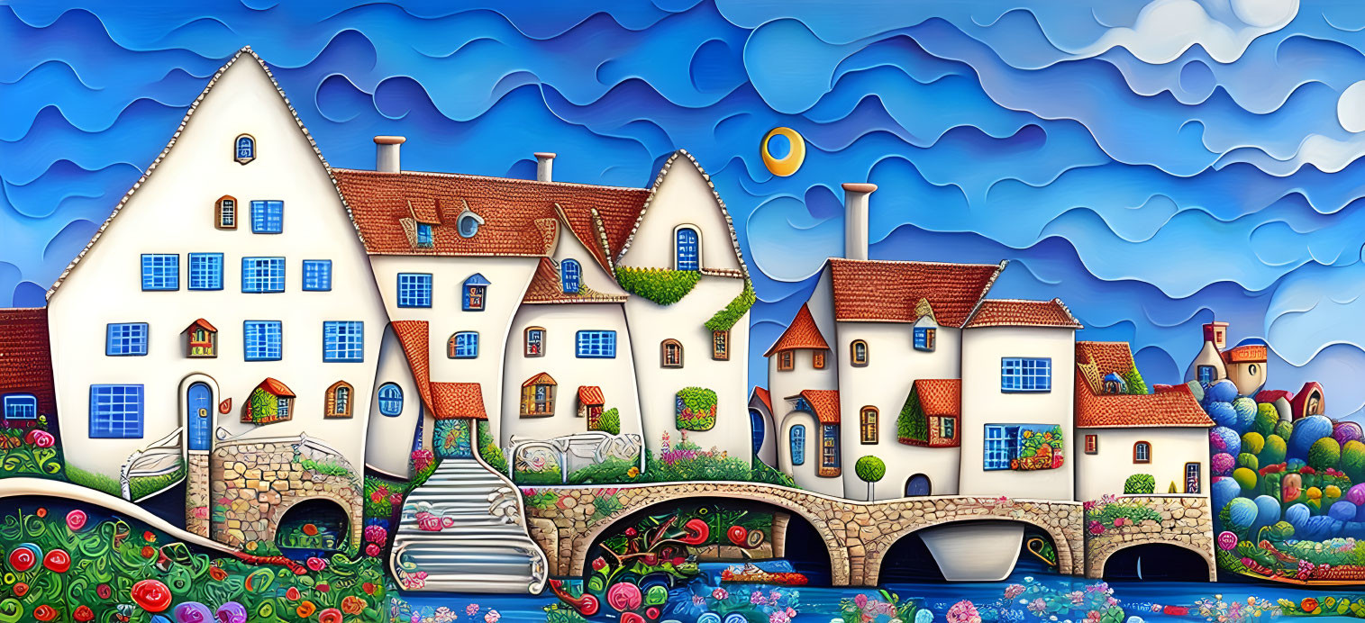 Colorful surreal village artwork with curvy houses, bridge, eclipse