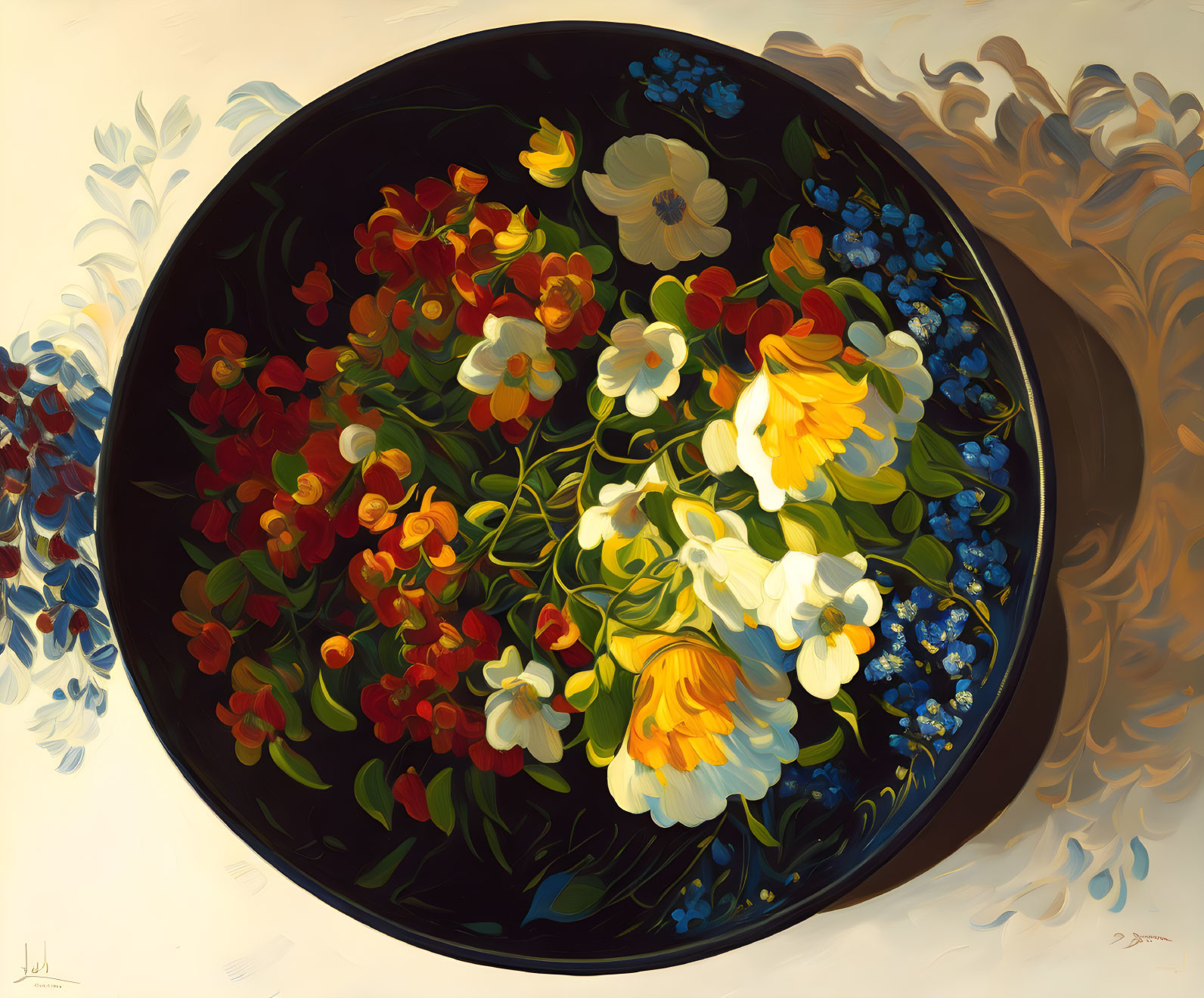 Colorful Flower Still Life Painting with Yellow and Red Hues