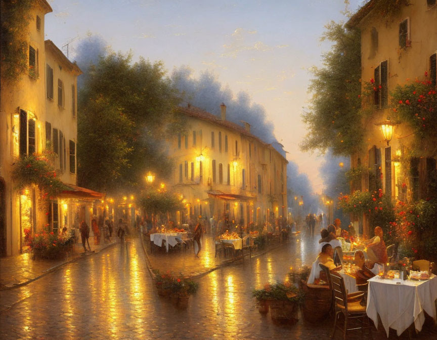 European Street Scene with Outdoor Dining and Hanging Flowers