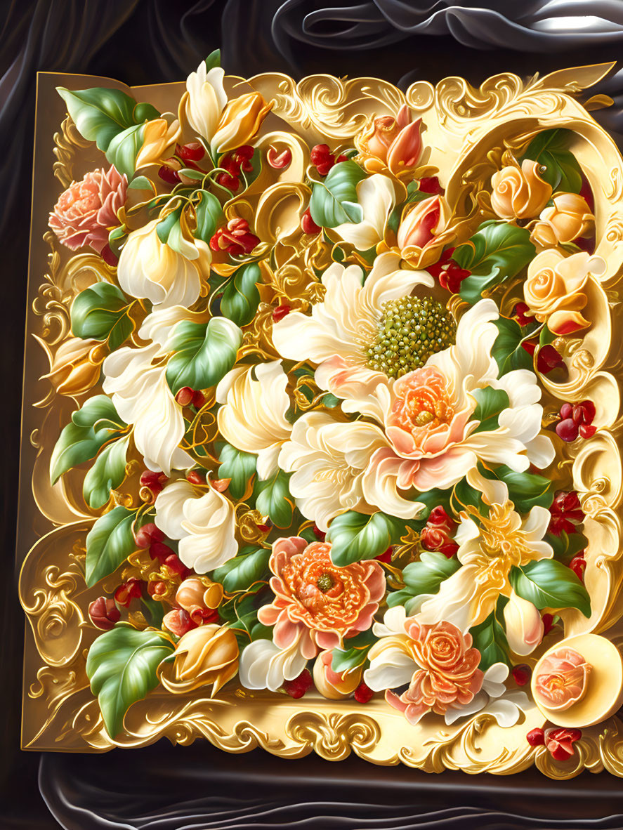 Detailed Cream and Orange Flower Bouquet in Ornate Gold Frame