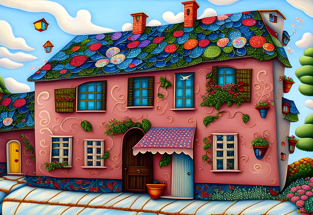 Whimsical pink house with multicolored roof and vibrant surroundings