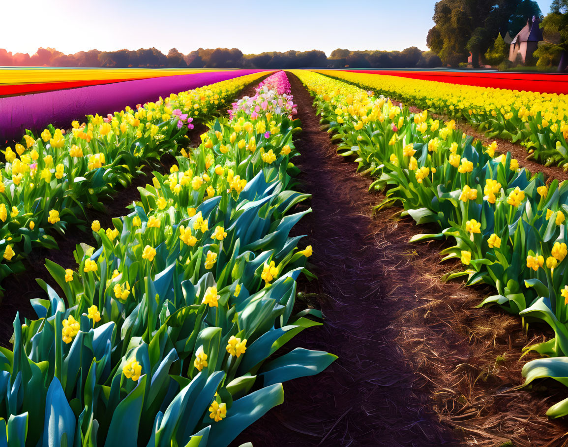 Colorful Tulip Fields at Sunrise with Dirt Pathway