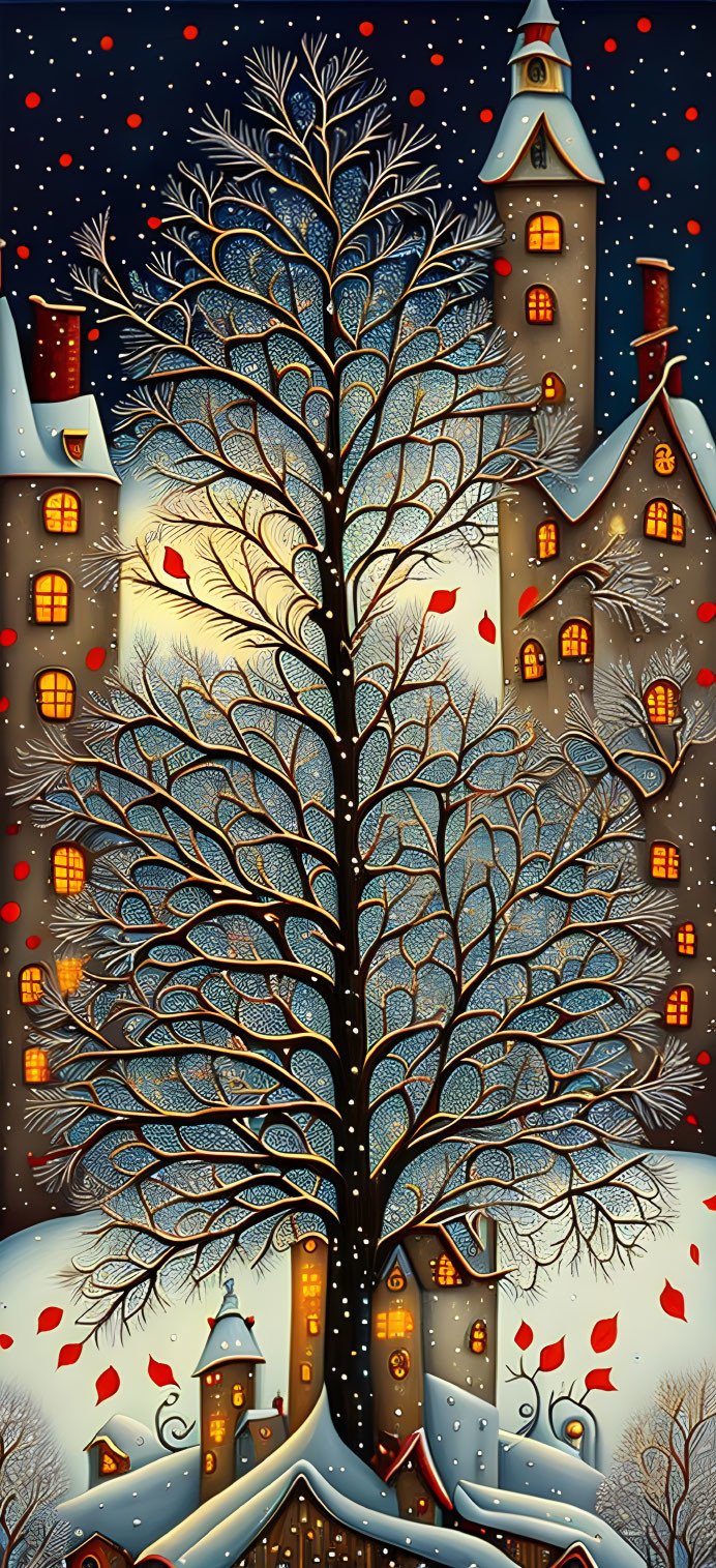 Winter scene: tall bare tree, snowfall, whimsical building with glowing windows.