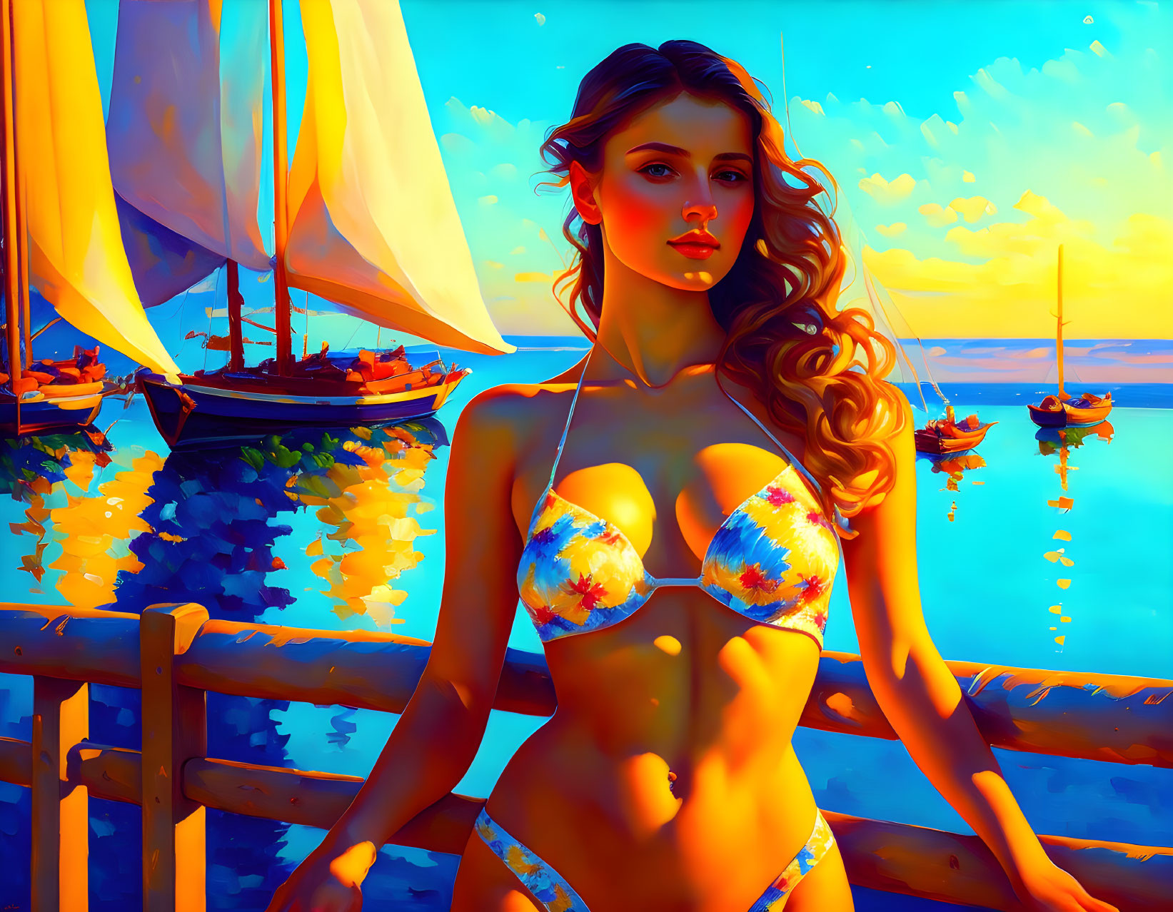 Digital artwork: Woman in bikini by the sea with sailboats - vibrant colors