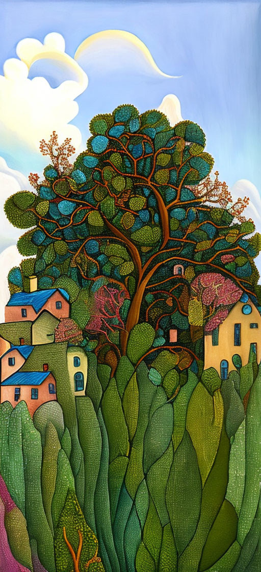 Vibrant tree and whimsical houses in a colorful landscape