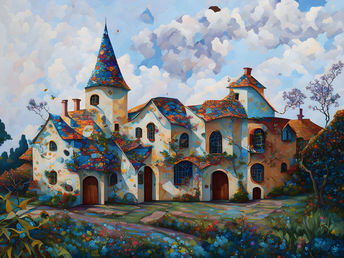 Colorful whimsical painting of fairy tale cottage in lush greenery