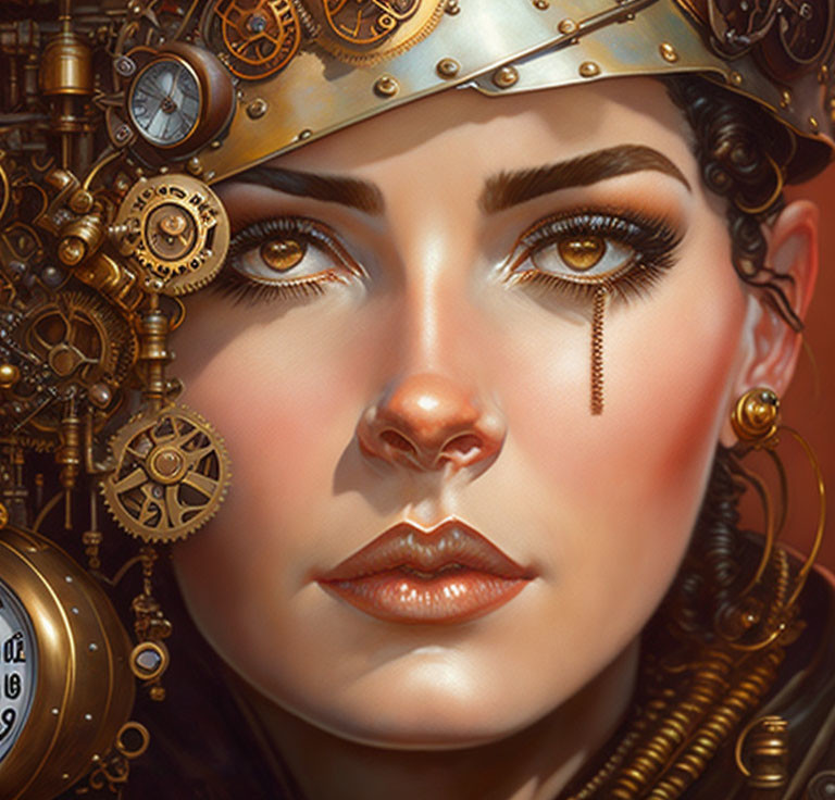 Detailed Portrait of Woman with Steampunk-Inspired Golden Headgear