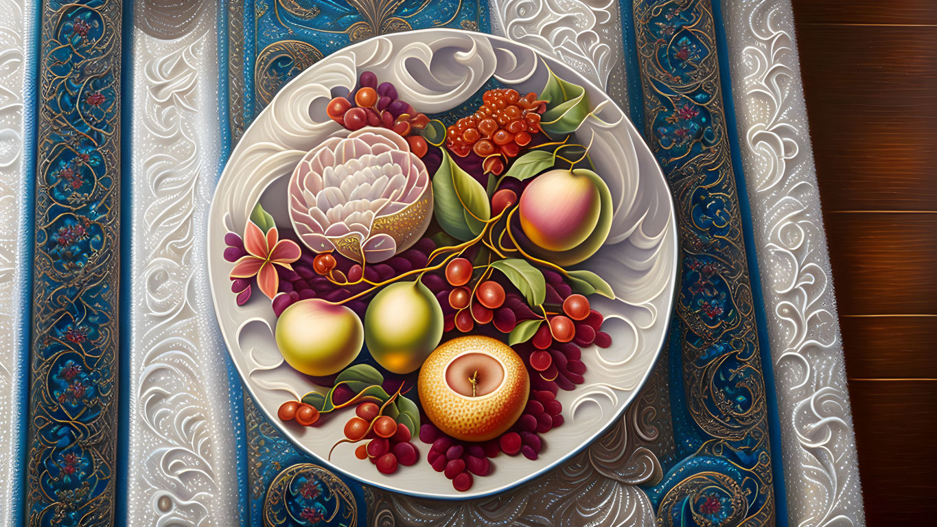 Colorful Still Life Painting with Plate of Fruits and Ornate Patterns