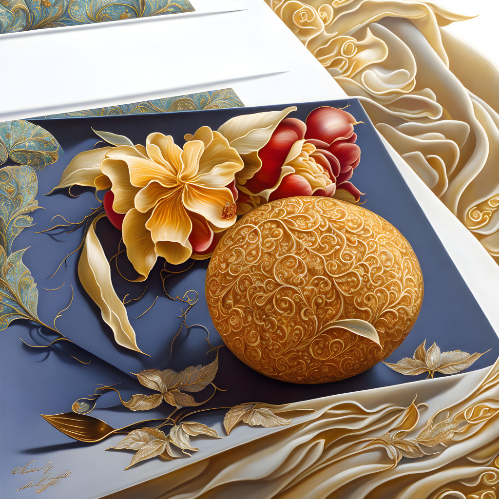 Detailed Still Life Painting with Golden Sphere, Flowers, and Satin Fabrics