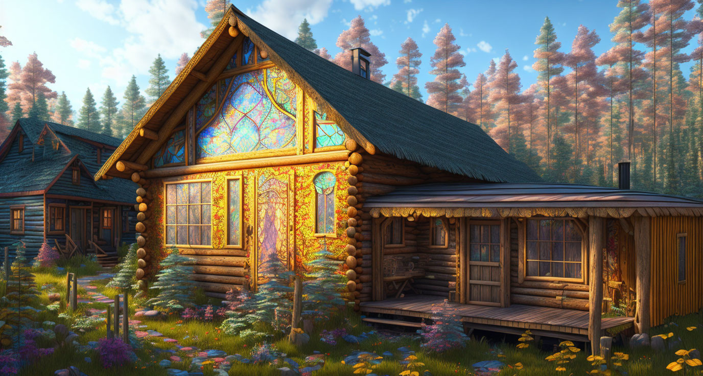 Rustic log cabin with colorful stained glass windows in tranquil forest setting