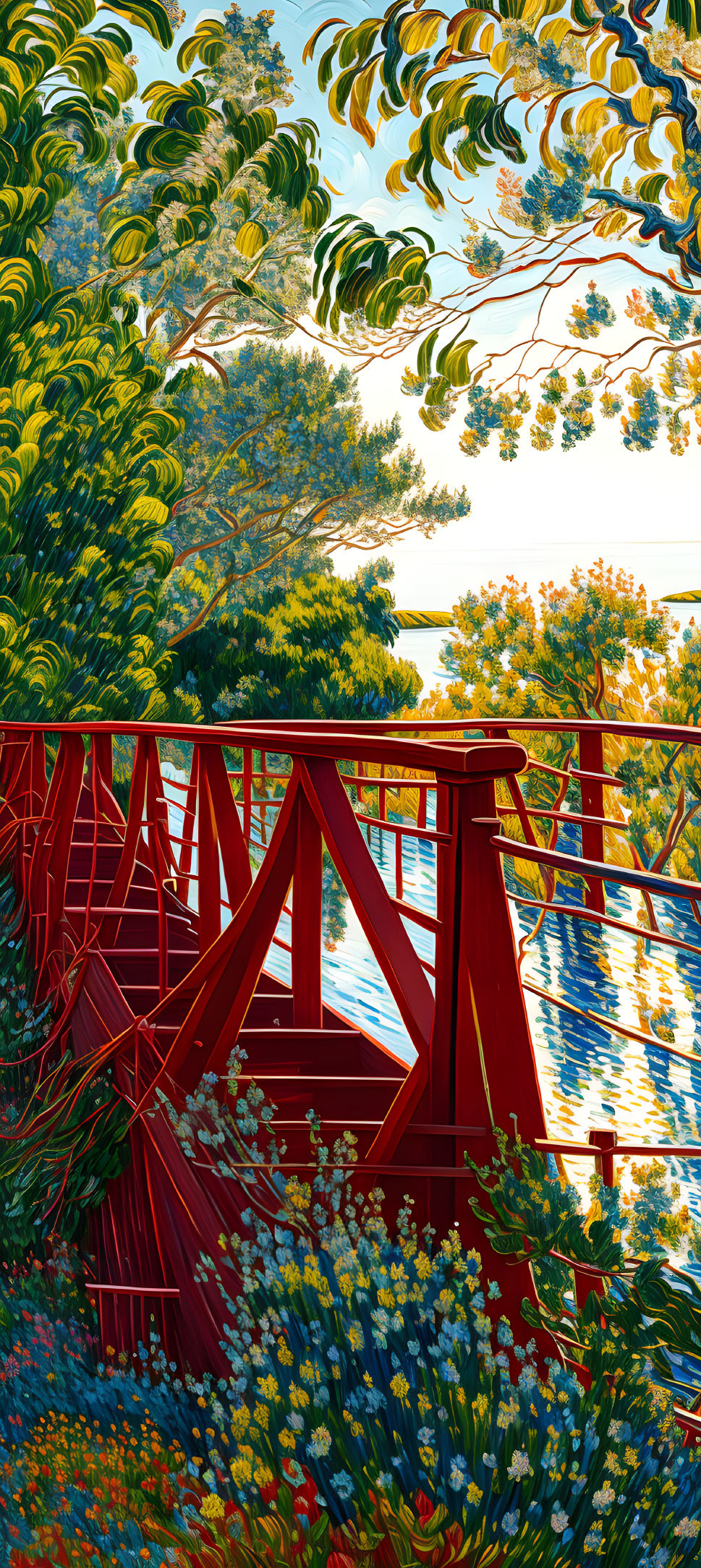 Colorful illustration: Red bridge, greenery, blue and white flowers, tranquil river.