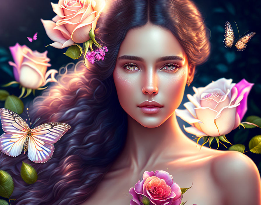 Digital artwork: Woman with vibrant roses, butterflies, detailed hair, fantasy makeup