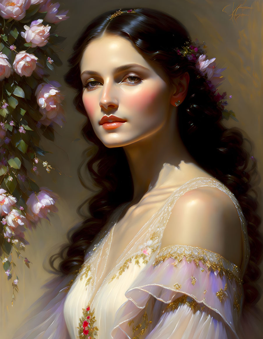 Digital painting of woman with dark hair in white and golden dress near pink flowers