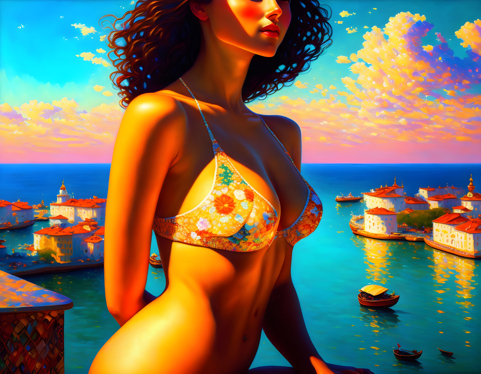 Colorful woman in floral bikini seaside illustration