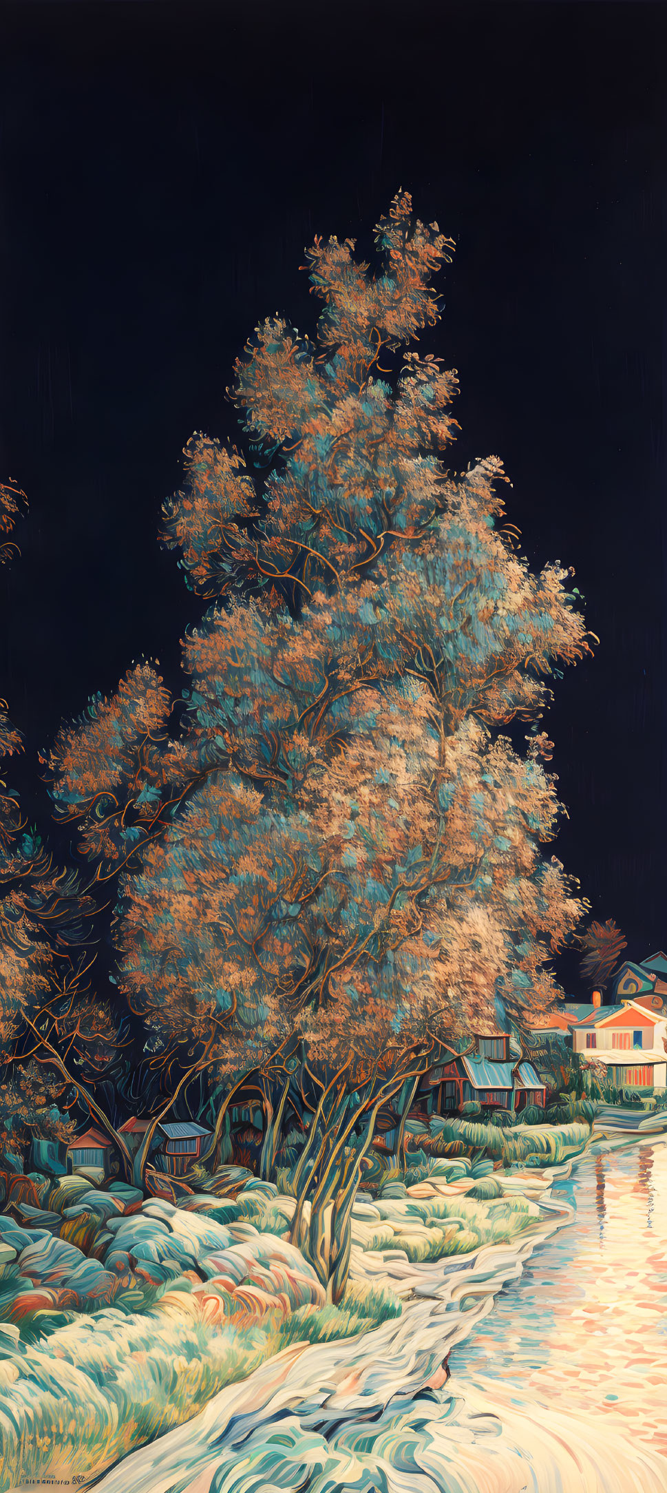 Large Tree Nighttime Illustration with Houses, Path, and Starry Sky