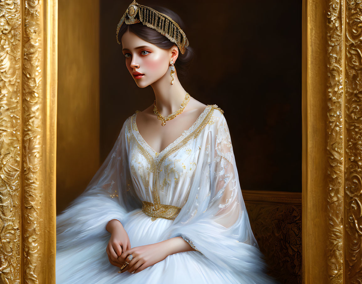 Regal woman in white and gold dress by gilded frame