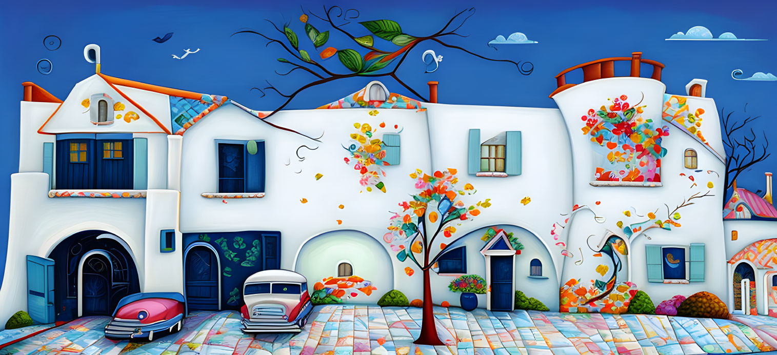 Vibrant Street Scene with Colorful Houses, Trees, and Cars