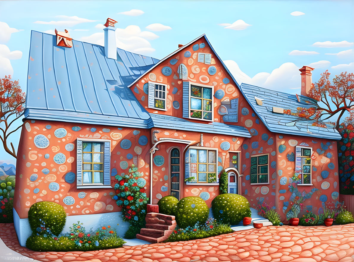 Illustration of Quaint Cottage with Blue Roof and Circular Patterns surrounded by Greenery