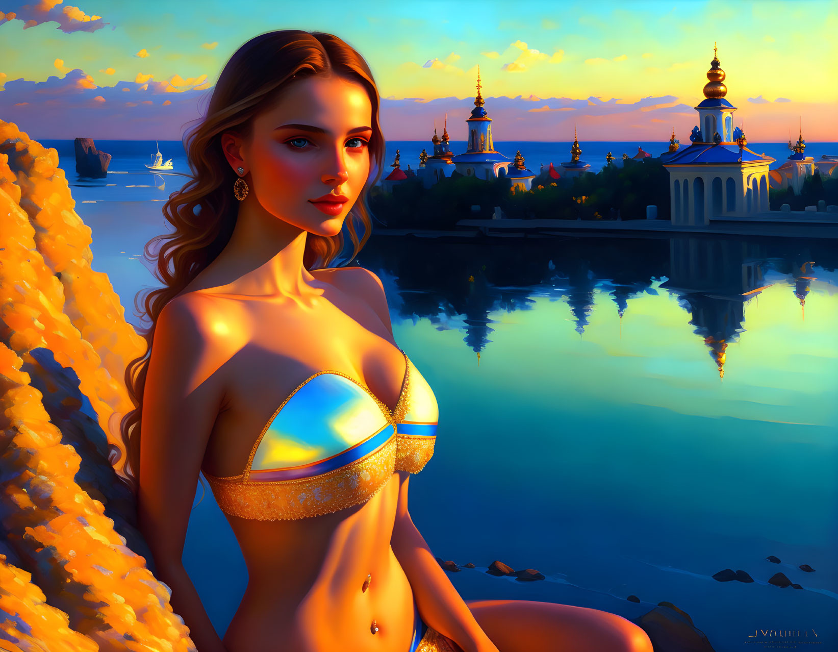 Digital artwork: Woman in golden attire by waterside at sunset