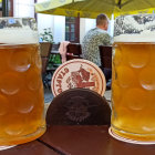 Ornate Beer Steins with Fruit and Hops Motifs on Draped Fabric Background