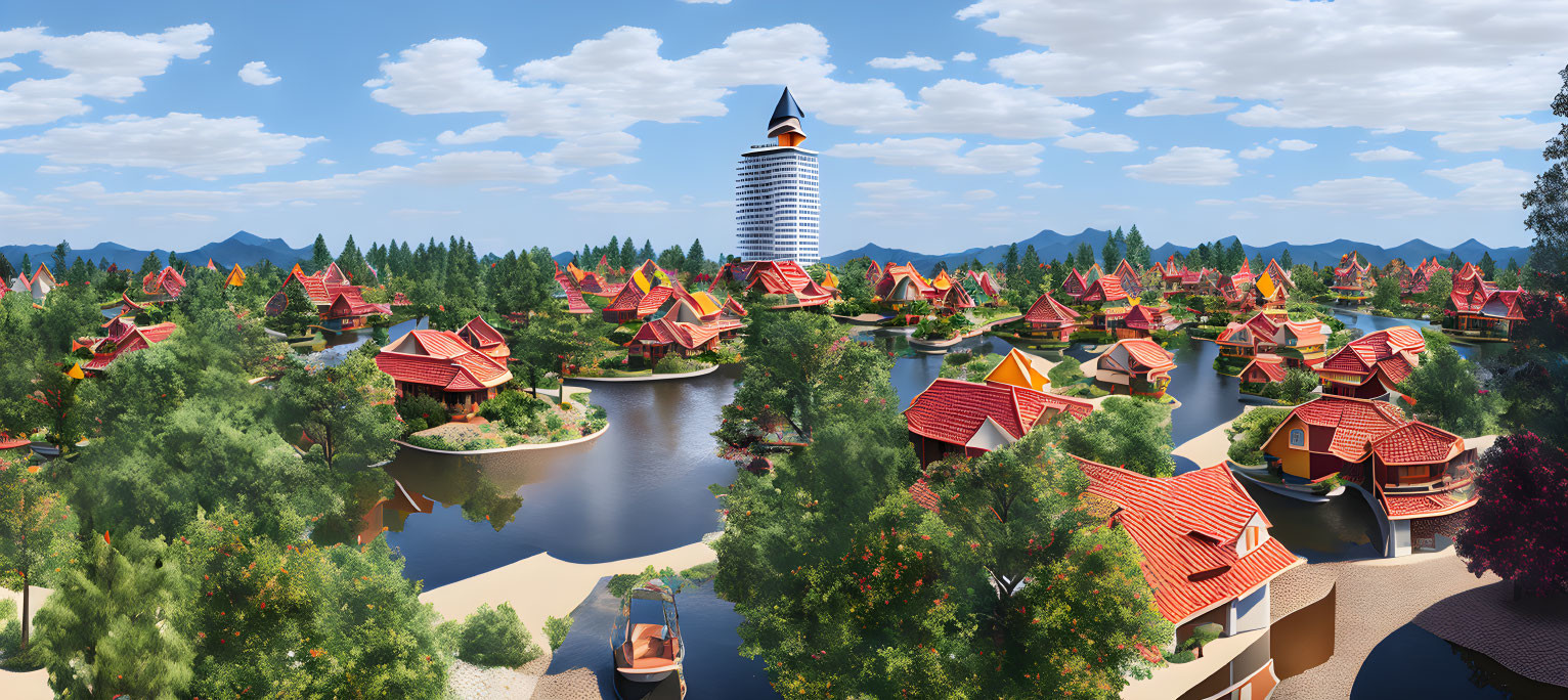 Scenic lakeside village with red-roofed houses and modern high-rise building.