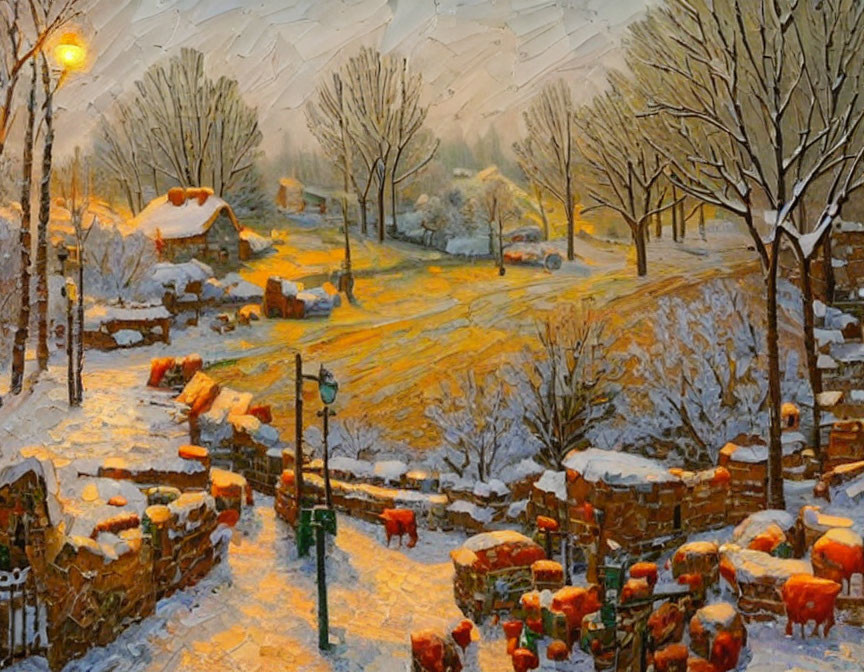 Snowy village winter scene with lit street lamps and cozy houses