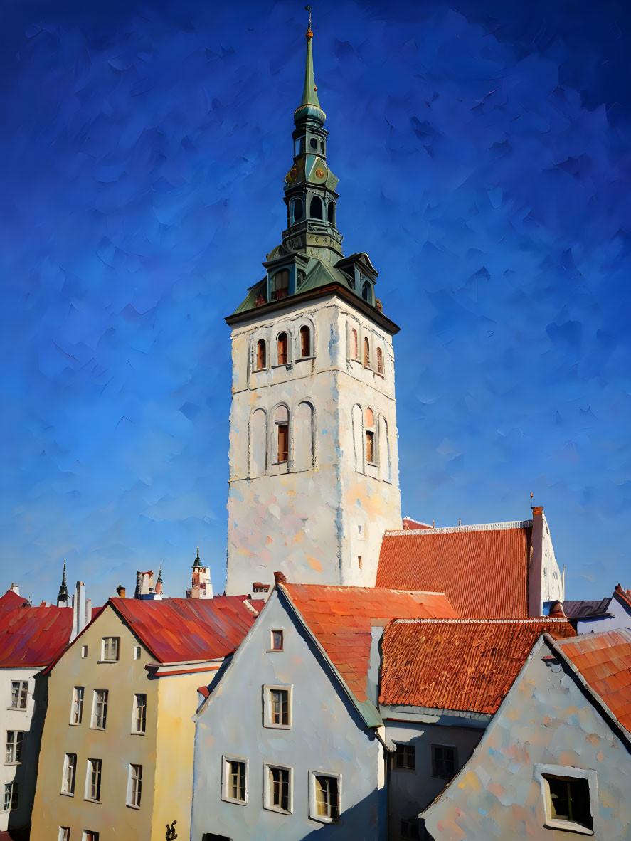 Historic tower and red-roofed buildings against blue sky in painting style