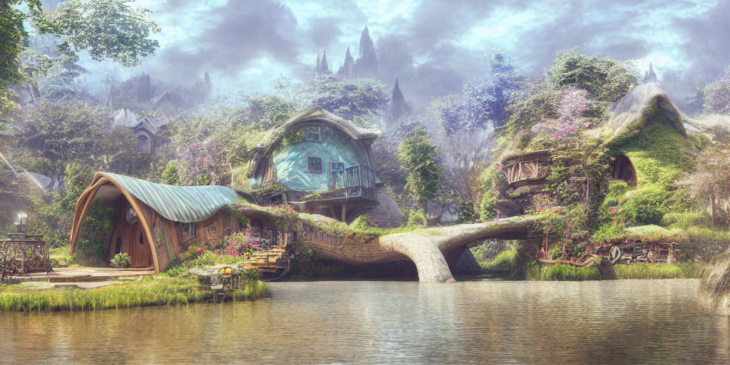 Whimsical fantasy village with lush greenery and serene pond