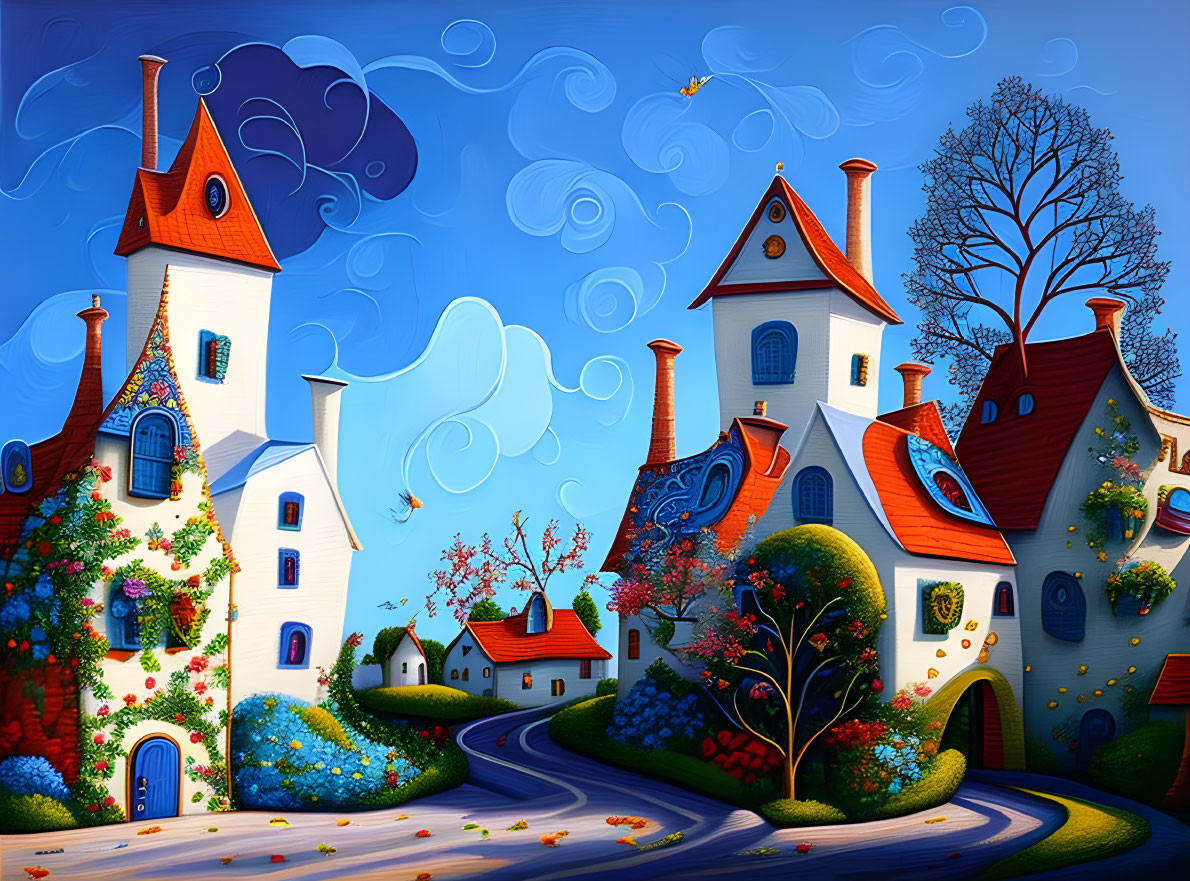 Colorful Cartoon Village with Vibrant Houses and Playful Sky