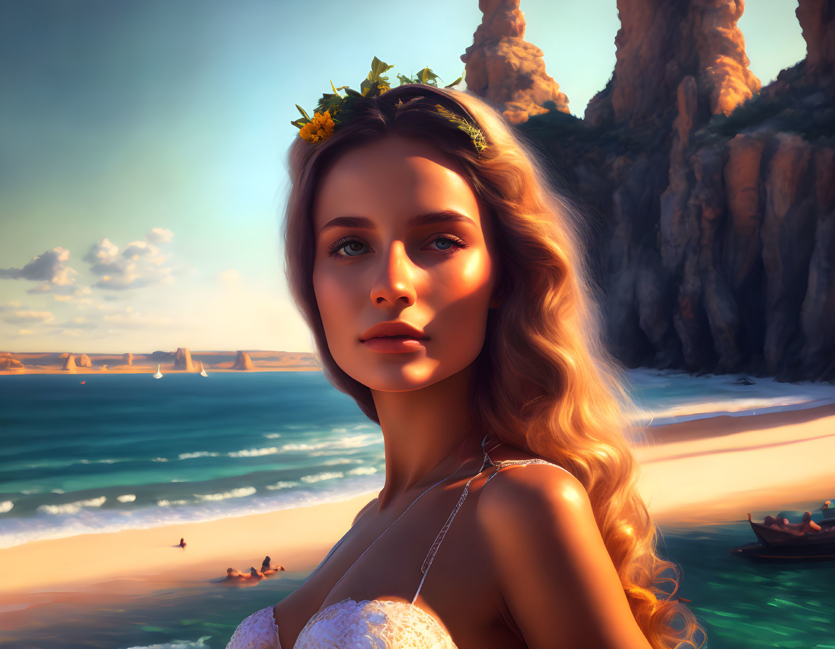 Digital artwork: Woman with floral crown on sunlit beach, cliffs, sailboats.